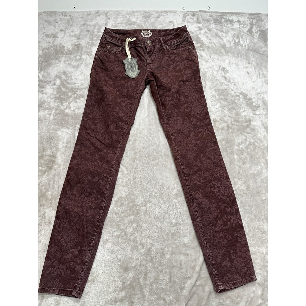 Stitch's Jeans Womens Corduroy Skinny Pants Burgundy Floral Damask Size 26‎ NWT